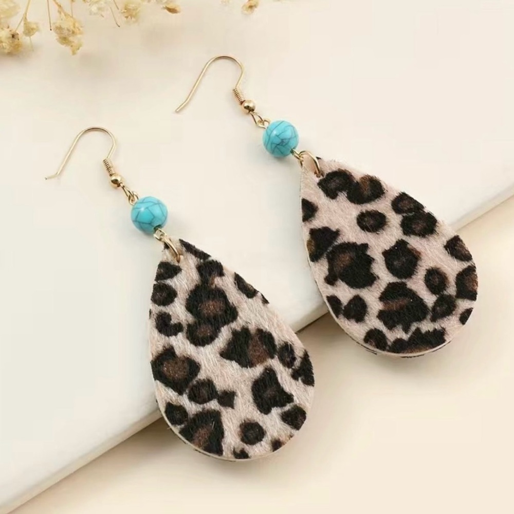 #121 | Vegan Leather Leopard Pattern Teardrop Dangle Earrings with Turquoise